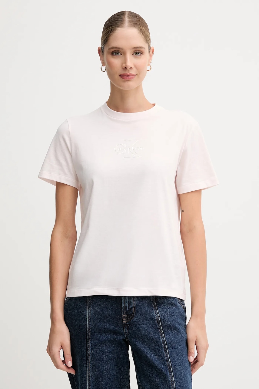 Levně Bavlněné tričko Calvin Klein Jeans dámské, růžová barva, LV047D873G