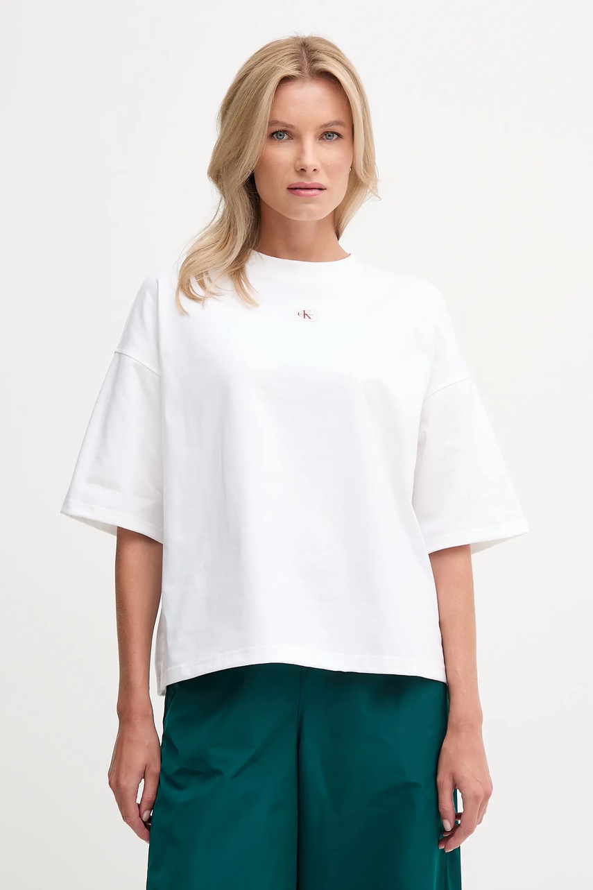 Levně Bavlněné tričko Calvin Klein Jeans dámské, bílá barva, LV047D204G