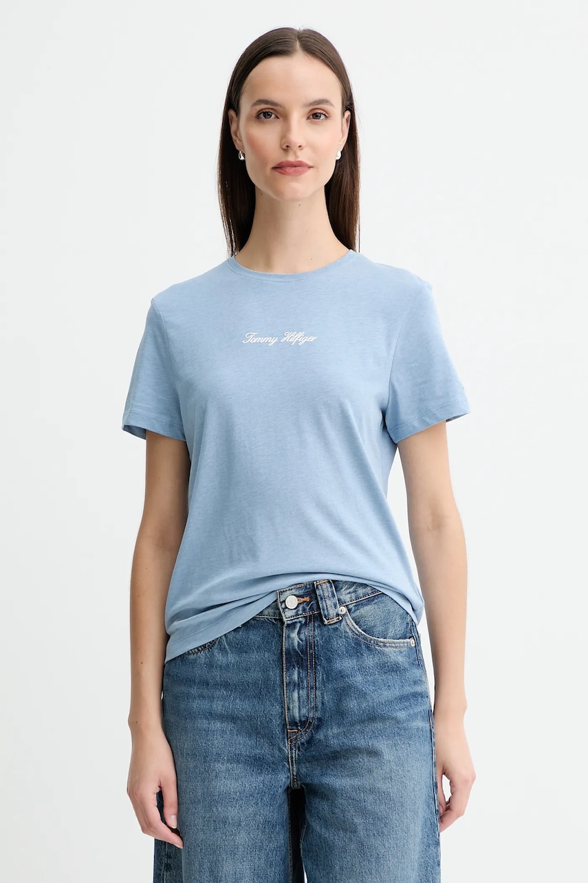 Levně Bavlněné tričko Tommy Hilfiger dámské, modrá barva, WW0WW47460