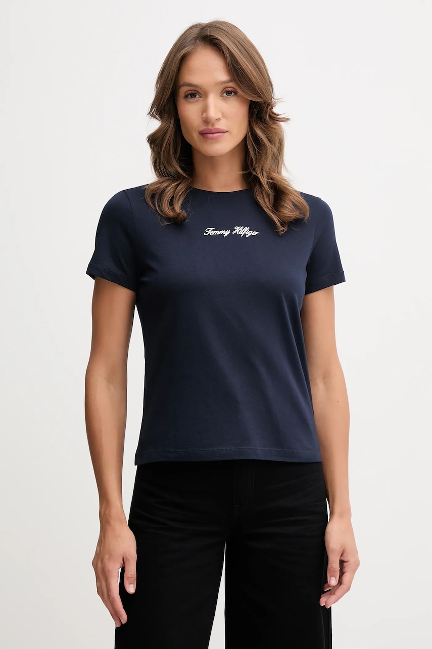 Levně Bavlněné tričko Tommy Hilfiger dámské, tmavomodrá barva, WW0WW47460