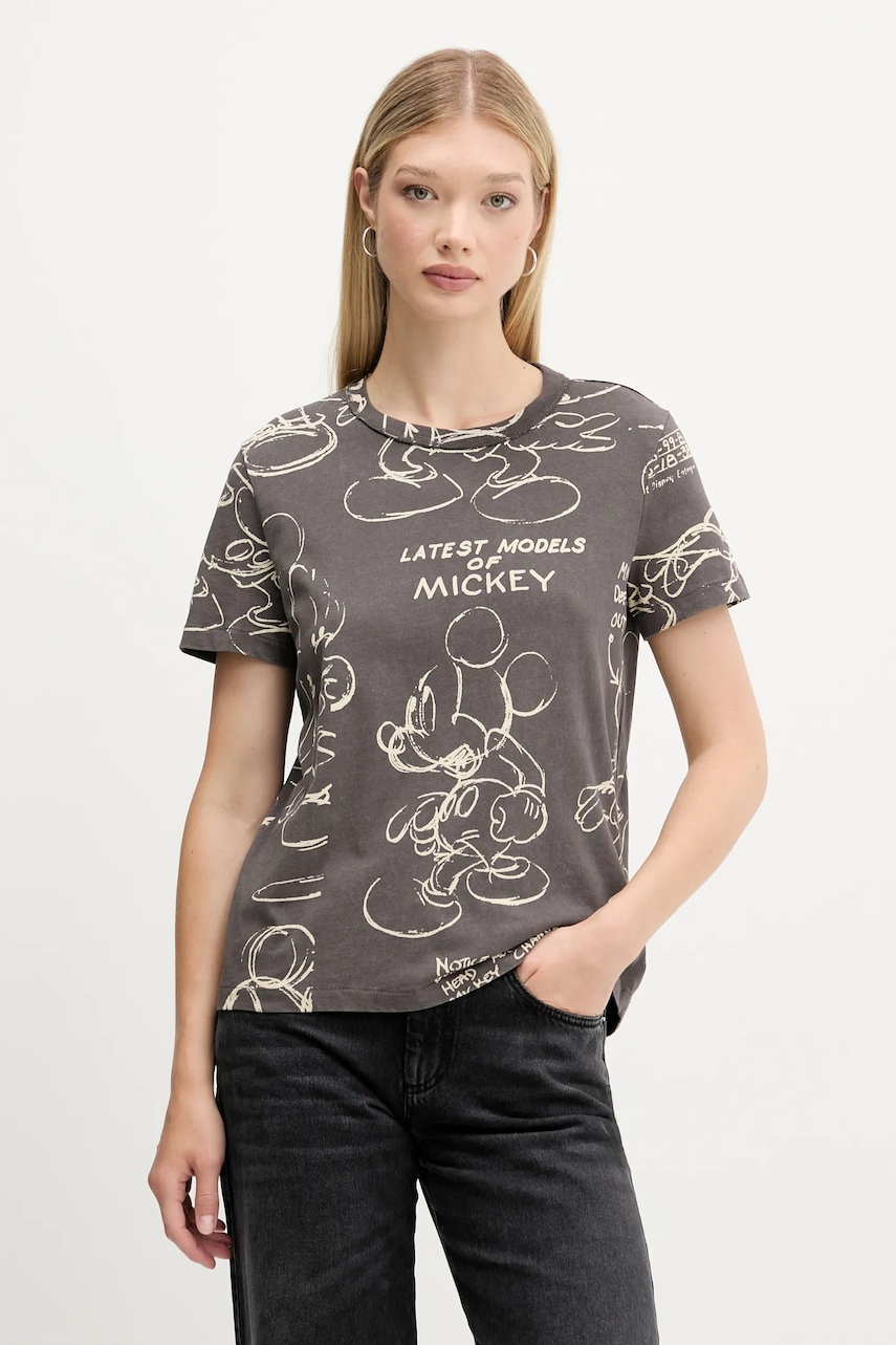 Levně Bavlněné tričko Desigual MICKEY SKETCH dámské, šedá barva, 25WWTK03