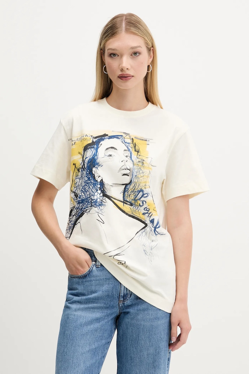 Desigual tricou din bumbac PORTRAIT culoarea bej, 25WWTK05