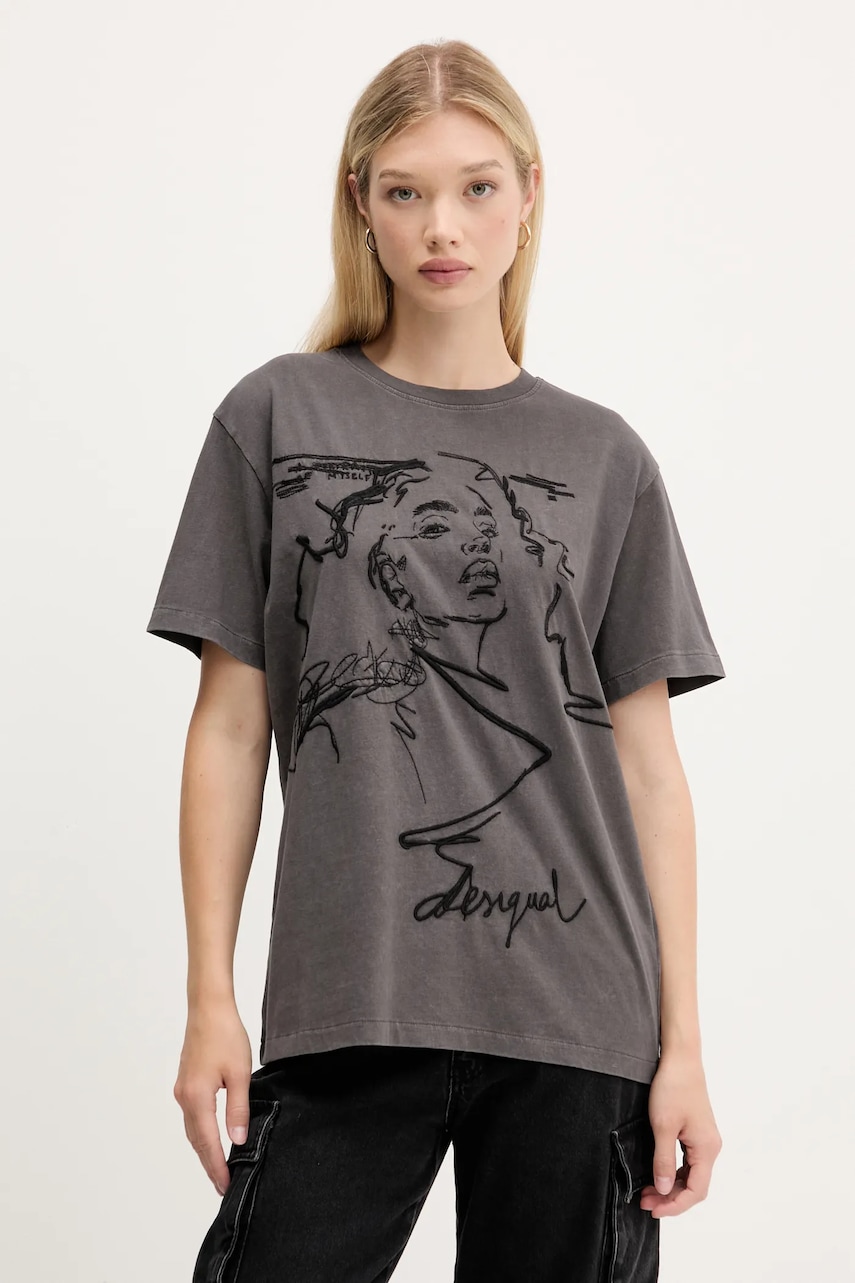 Desigual tricou din bumbac BUDAPEST culoarea gri, 25WWTK47