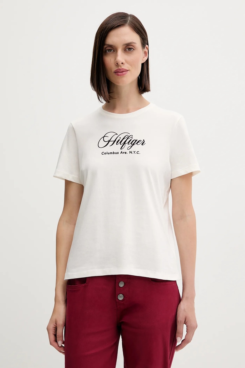 Levně Bavlněné tričko Tommy Hilfiger dámské, béžová barva, WW0WW46120