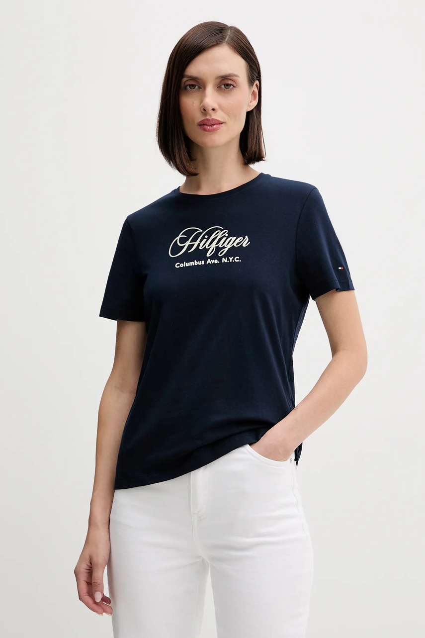 Levně Bavlněné tričko Tommy Hilfiger dámské, tmavomodrá barva, WW0WW46120