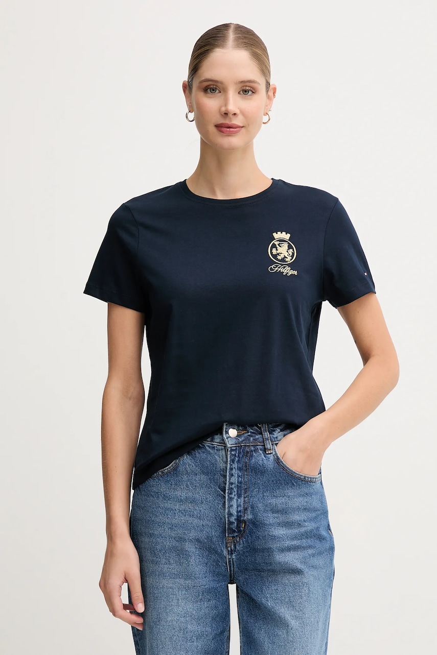 Levně Bavlněné tričko Tommy Hilfiger dámské, tmavomodrá barva, WW0WW46153