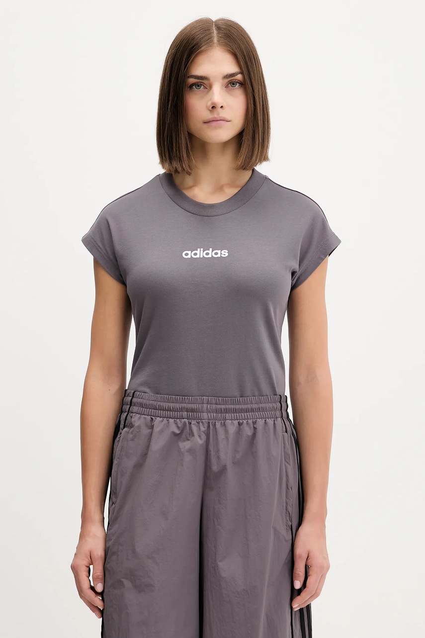 

Памучна тениска adidas Essentials Linear дамска в лилаво JC8236, Сив