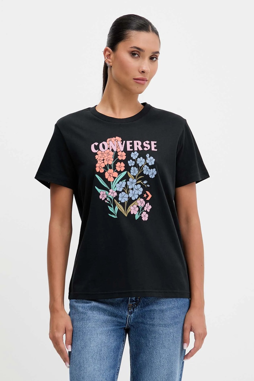 Levně Bavlněné tričko Converse dámské, černá barva, CVW5T235