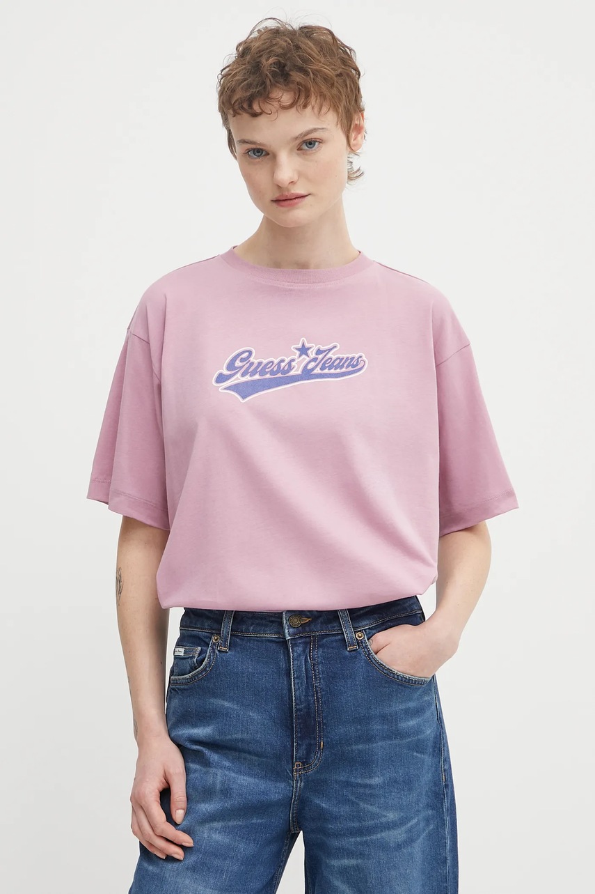 Levně Bavlněné tričko Guess Jeans dámské, fialová barva, W5BI31 K8HM0