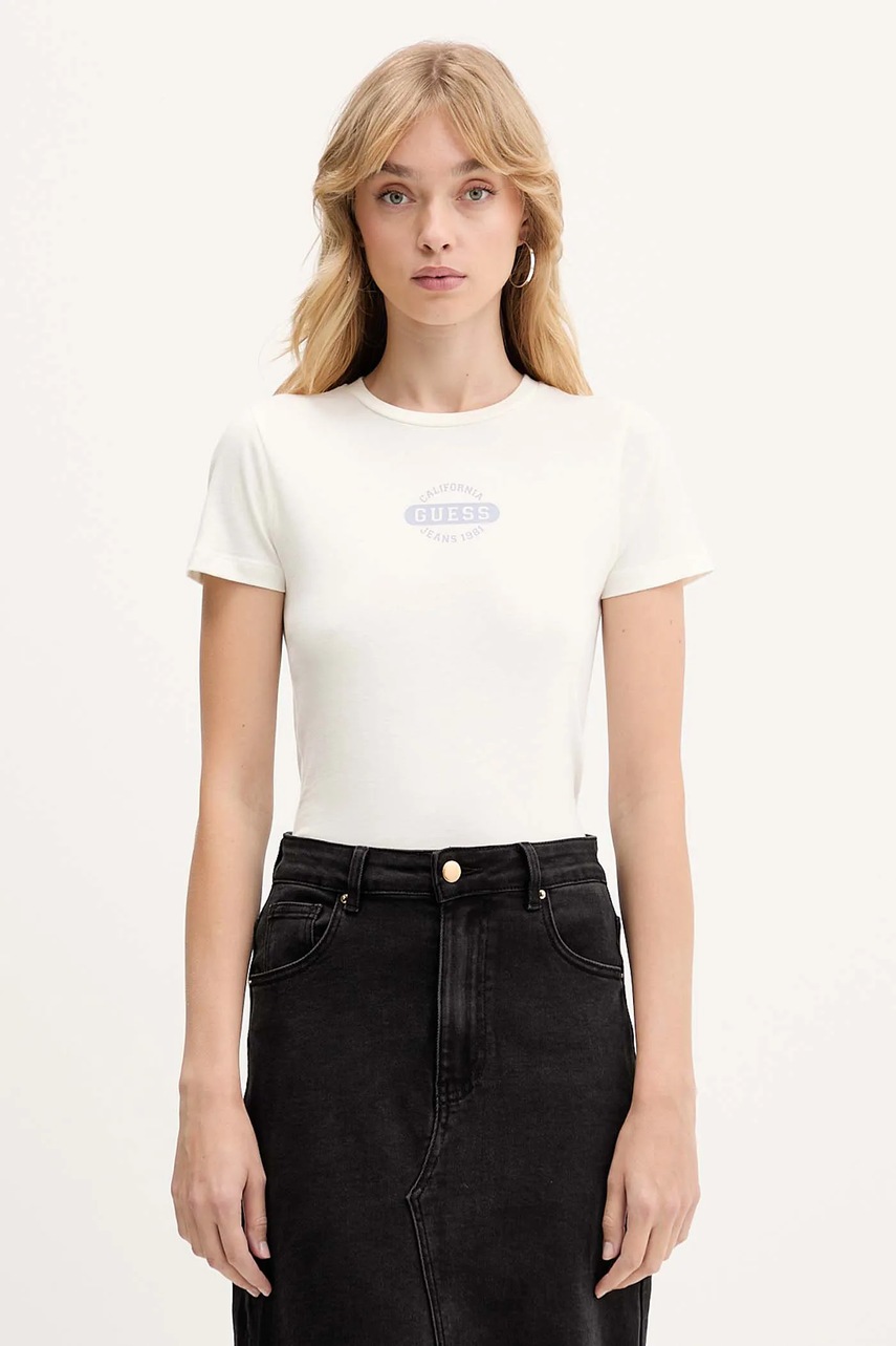 Levně Bavlněné tričko Guess Jeans dámské, béžová barva, W5BI47 KCTX1