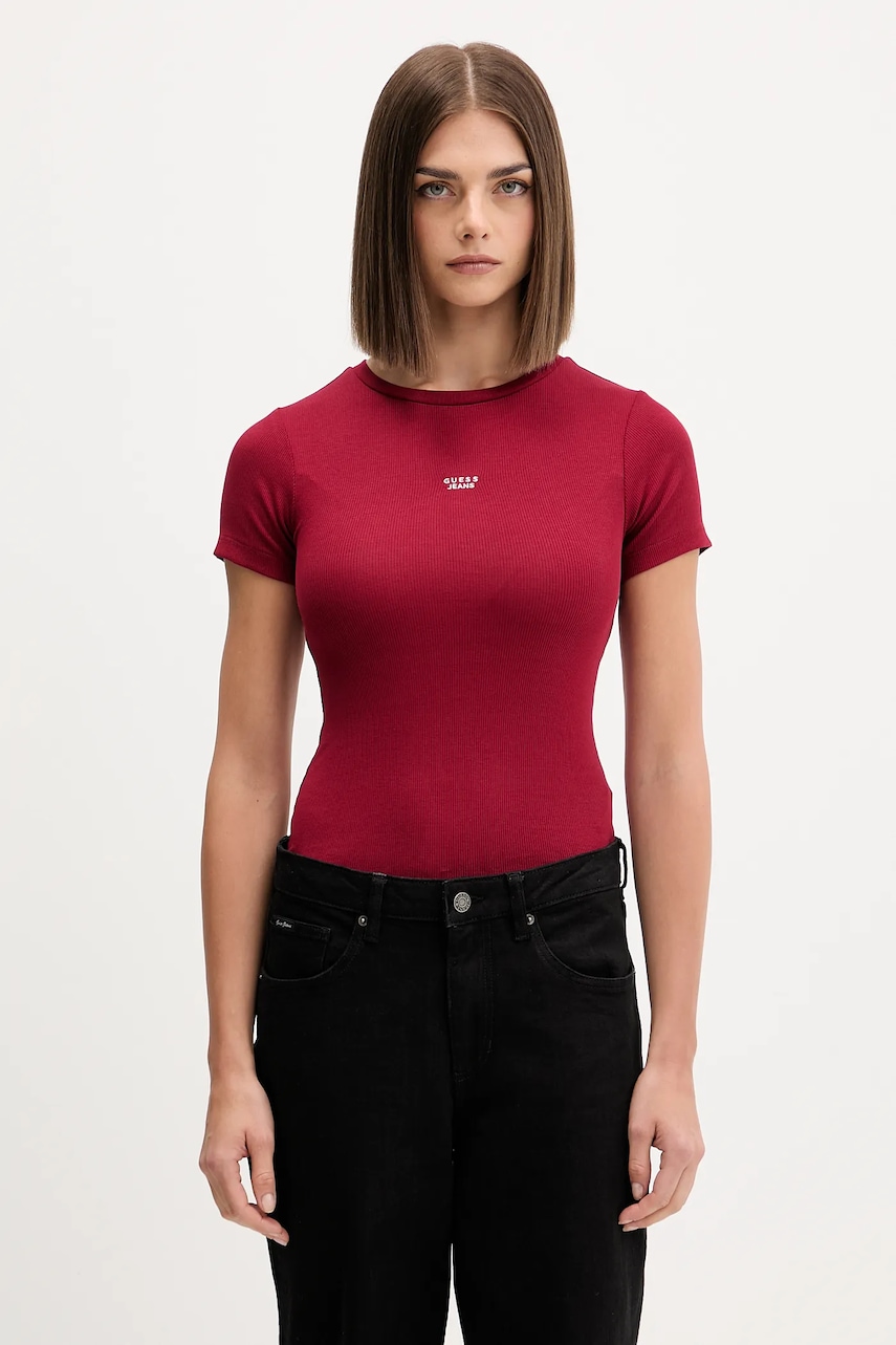 Levně Tričko Guess Jeans dámské, vínová barva, W5BP45 KA0H1