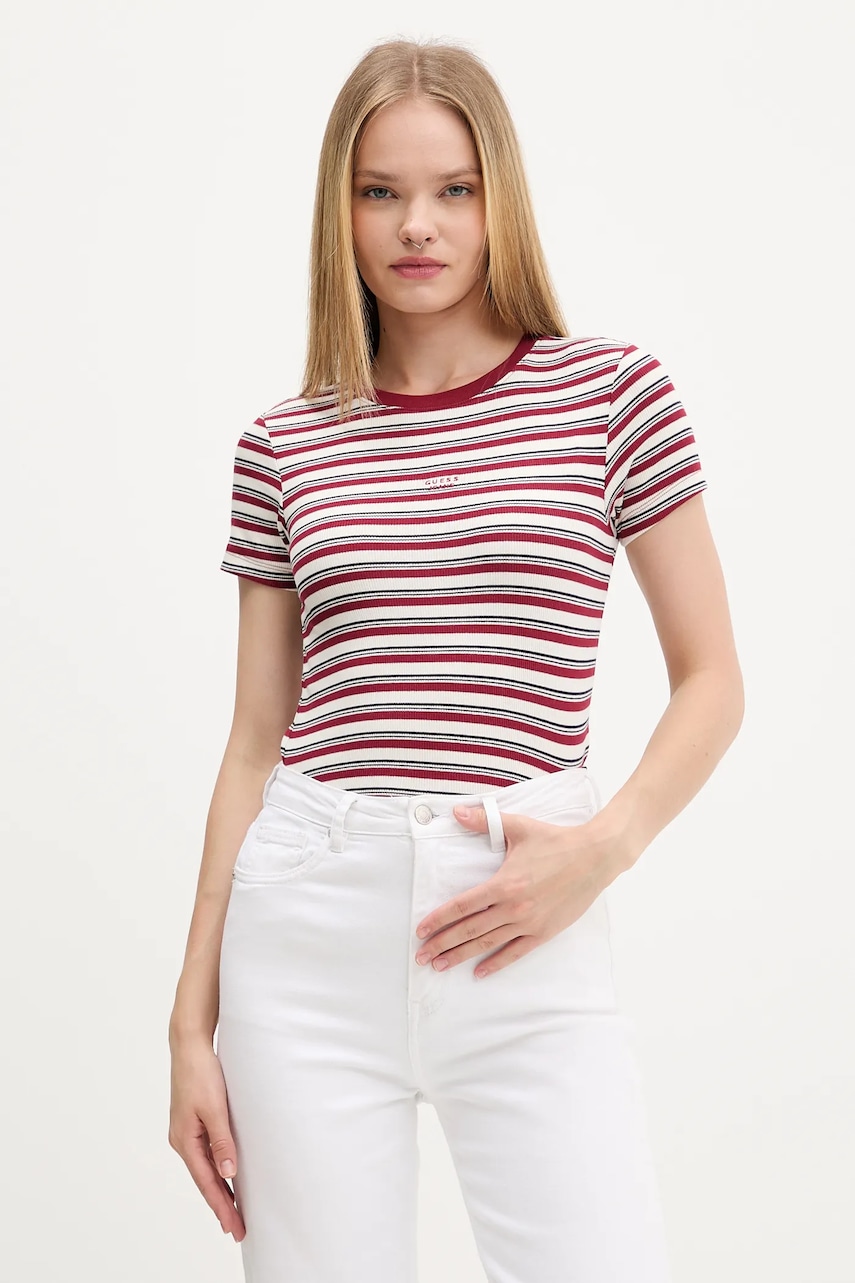 Levně Tričko Guess Jeans dámské, vínová barva, W5BP52 KA0H1