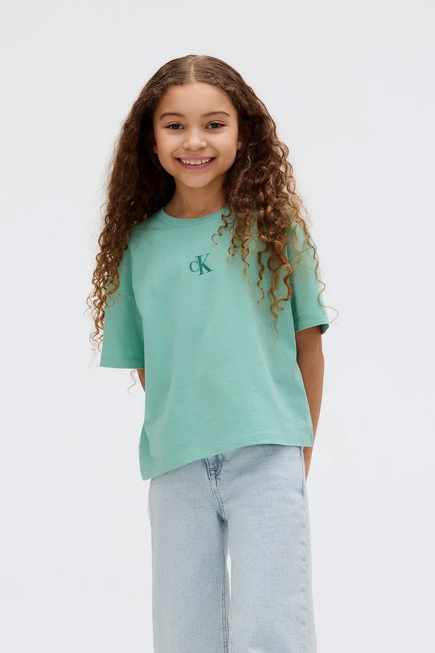 Levně Dětské bavlněné tričko Calvin Klein Jeans tyrkysová barva, IG0IG02136