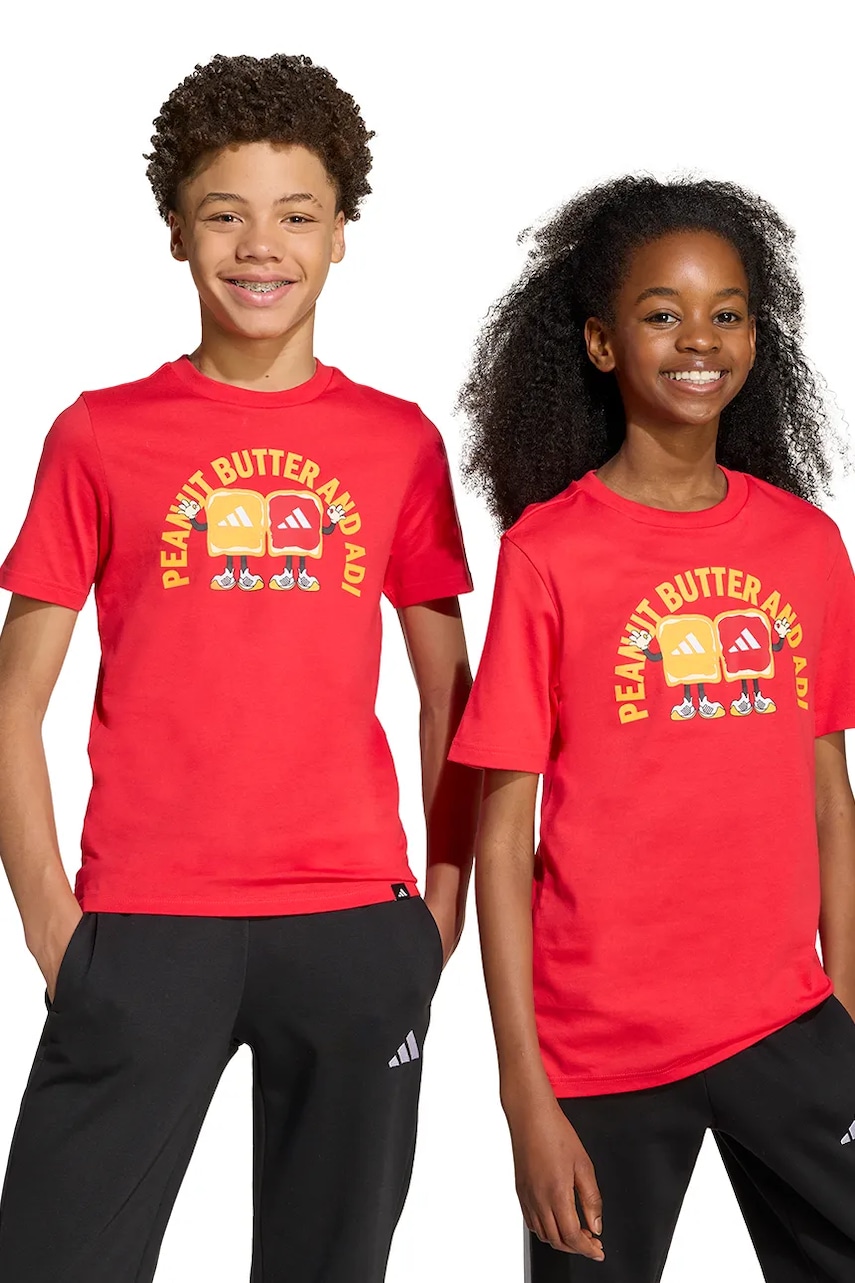 adidas tricou de bumbac pentru copii culoarea roșu, cu imprimeu, JV5249 adidas tricou de bumbac pentru copii culoarea roșu, cu imprimeu, JV5249