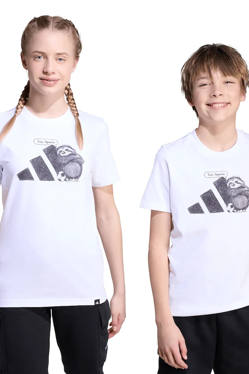 Levně Dětské bavlněné tričko adidas bílá barva, s potiskem, JV5251