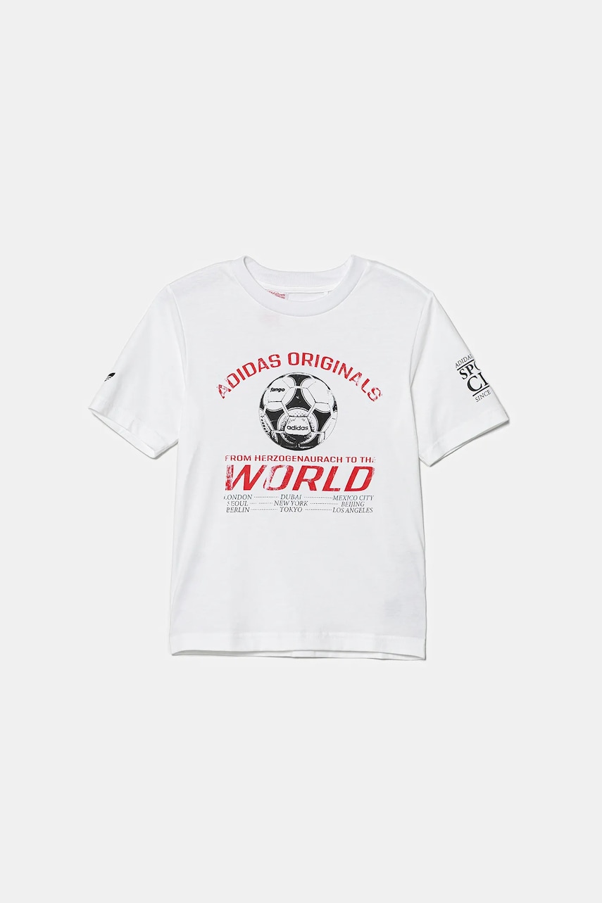 Детская хлопковая футболка adidas Originals цвет белый узор JV7694 Детская хлопковая футболка adidas Originals цвет белый узор JV7694