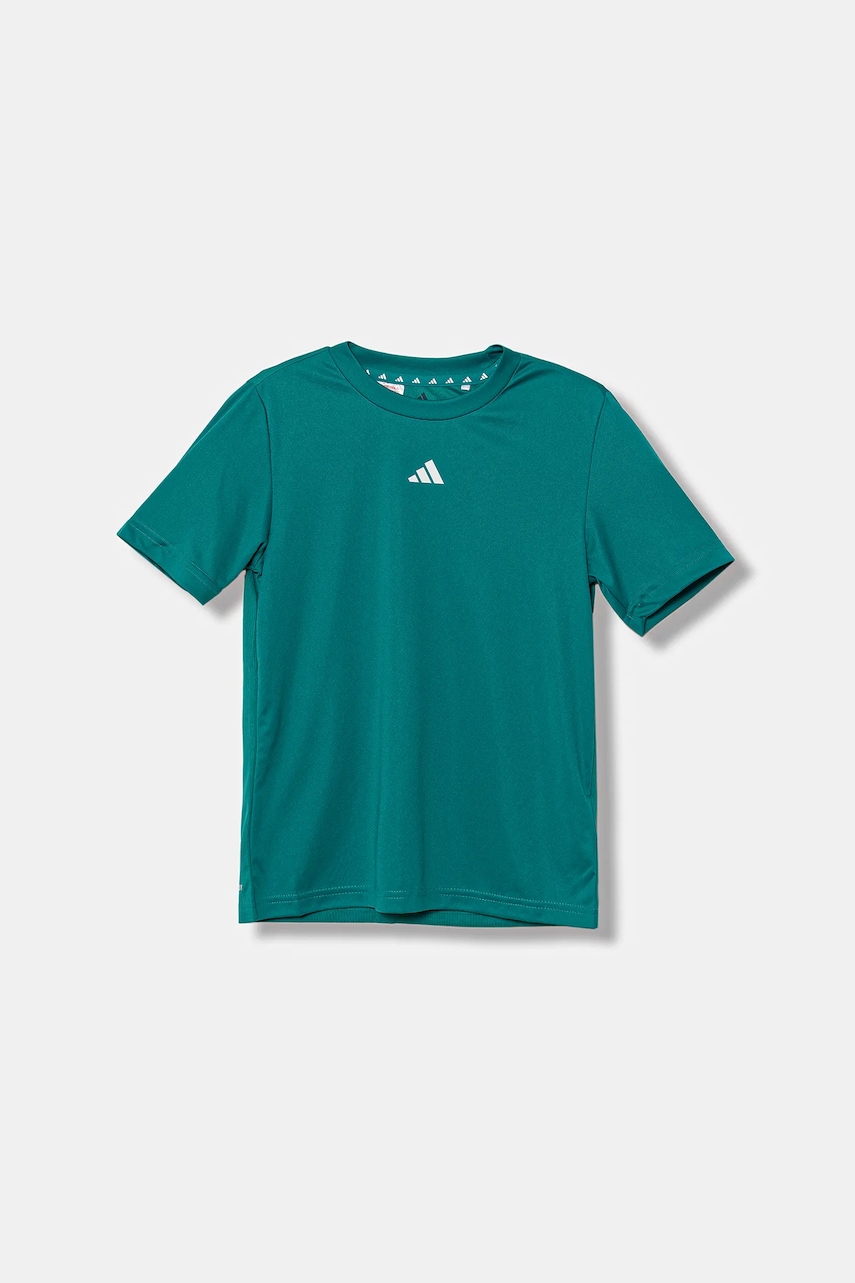 Levně Dětské tričko adidas zelená barva, s potiskem, JW4991