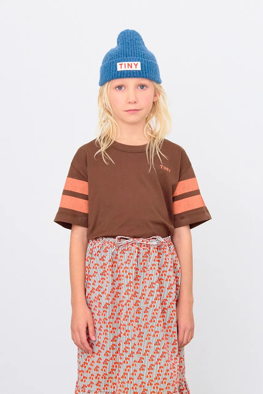 Tinycottons tricou de bumbac pentru copii STRIPES LOGO TEE culoarea maro, cu imprimeu, AW25-001