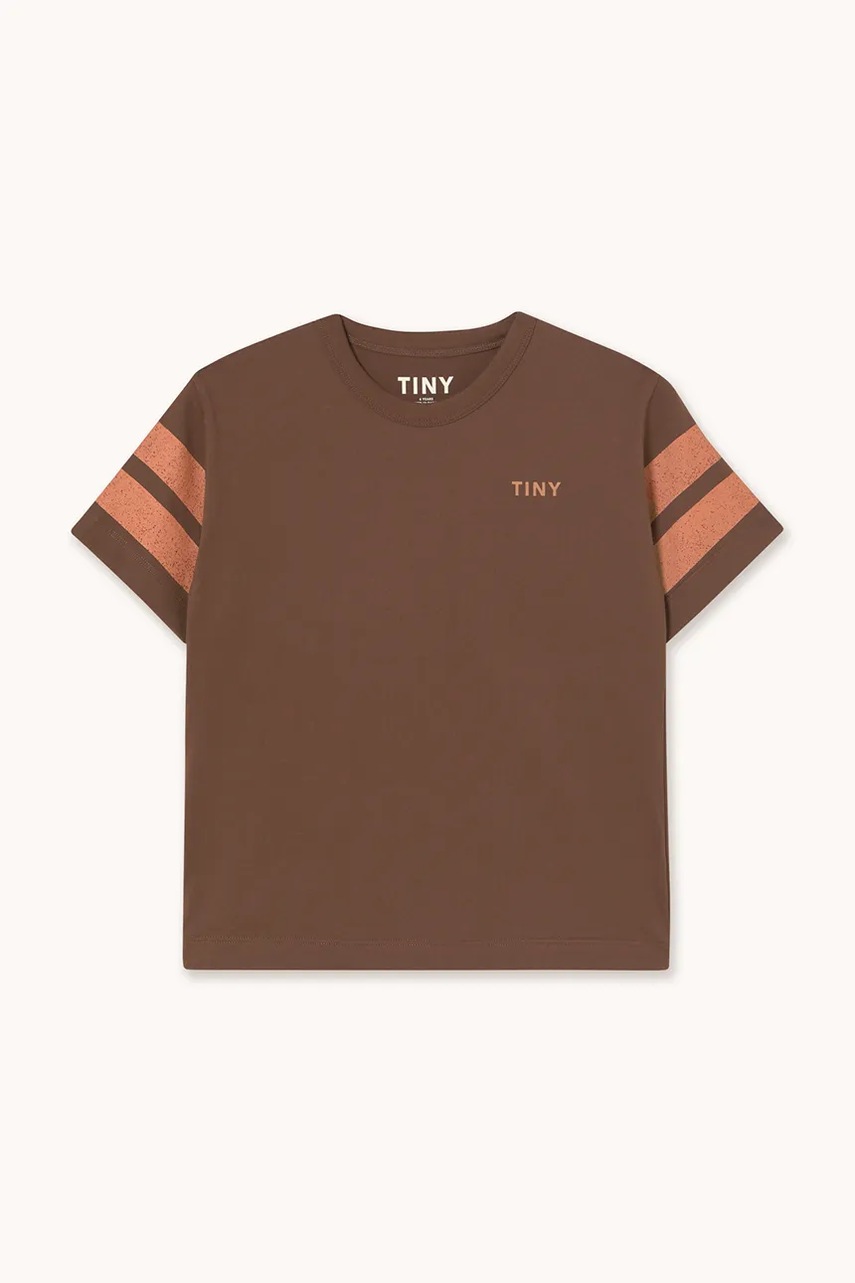 Детская хлопковая футболка Tinycottons STRIPES LOGO TEE цвет коричневый с принтом AW25-001 Детская хлопковая футболка Tinycottons STRIPES LOGO TEE цвет коричневый с принтом AW25-001