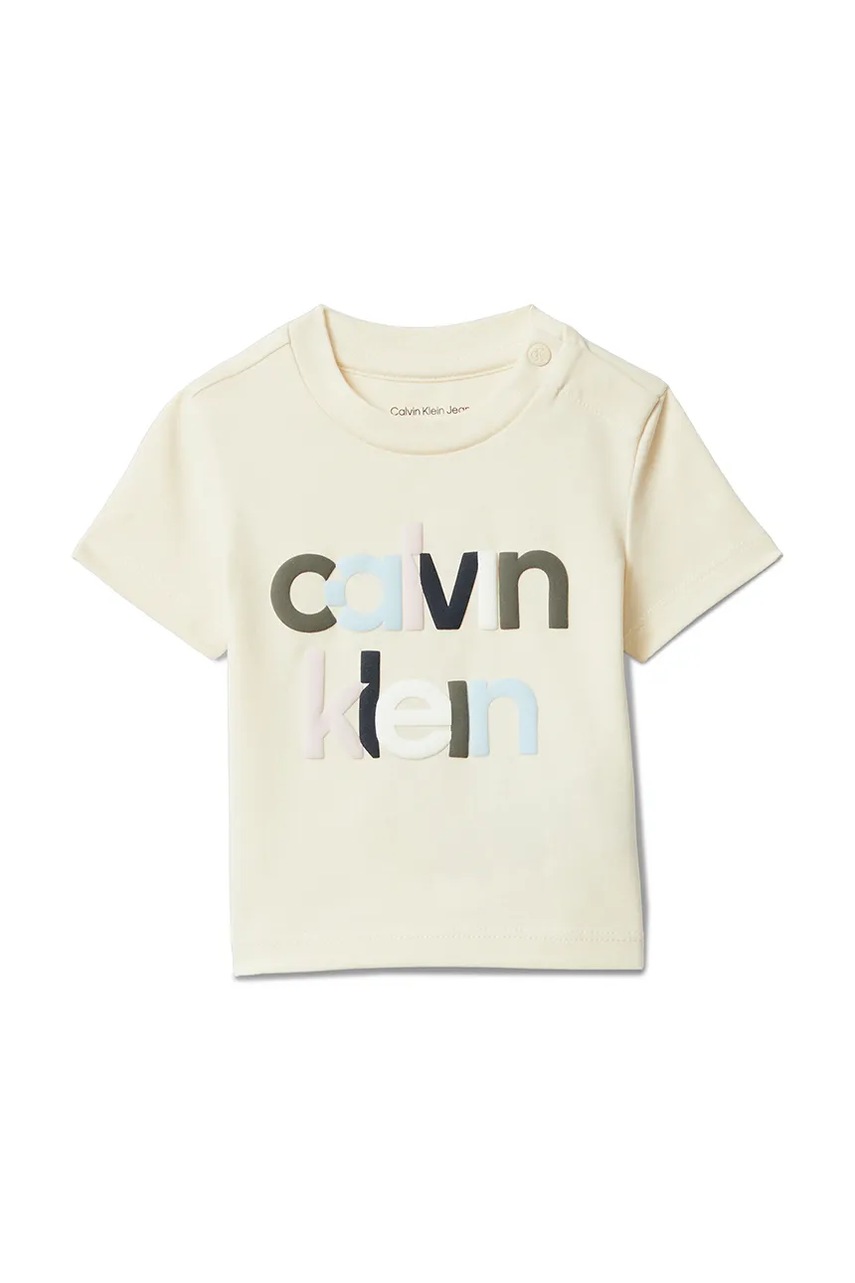 Levně Dětské bavlněné tričko Calvin Klein Jeans béžová barva, s potiskem, IN0IN00332