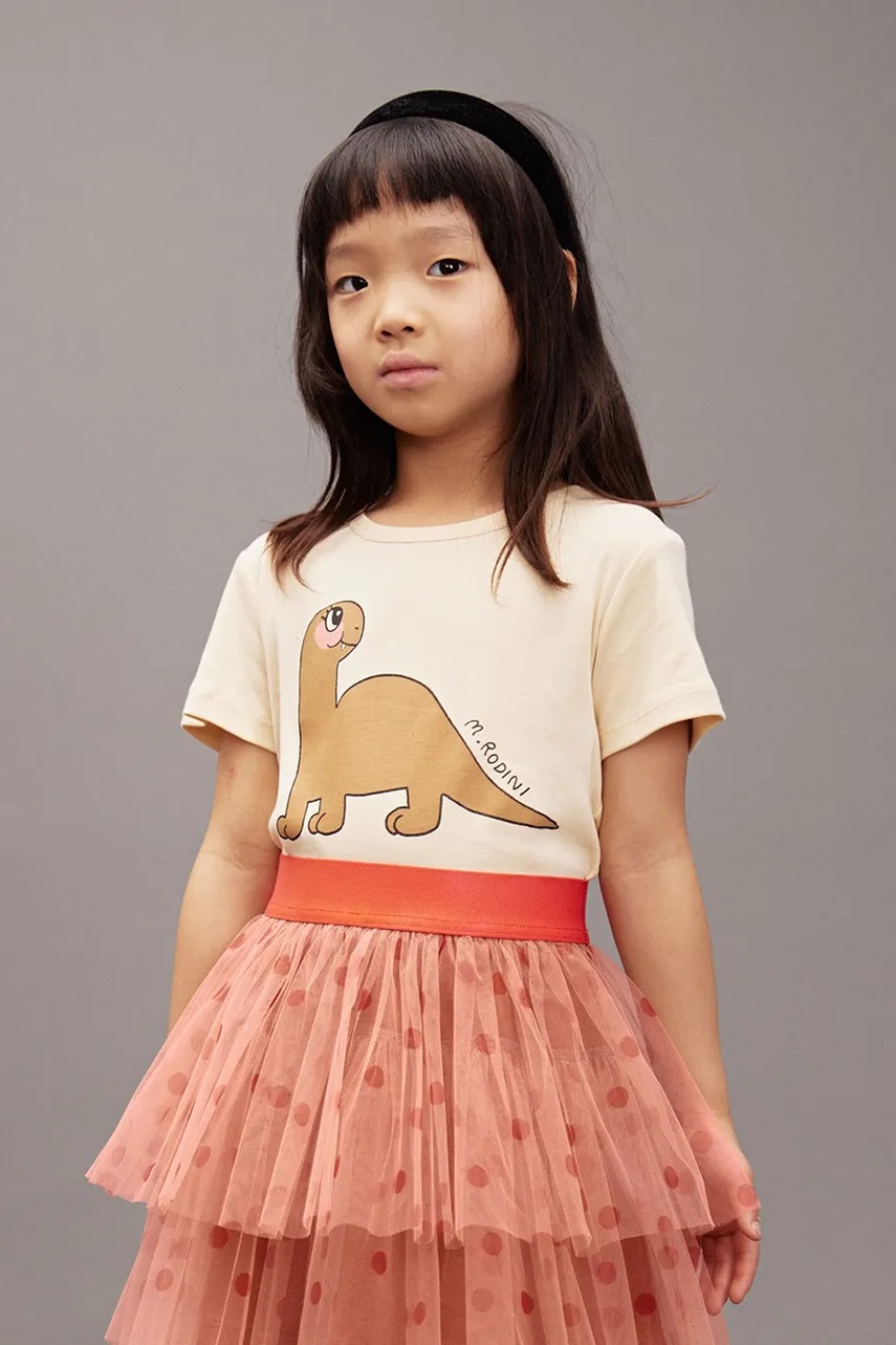Mini Rodini tricou de bumbac pentru copii Dino culoarea bej, cu imprimeu, 25720132
