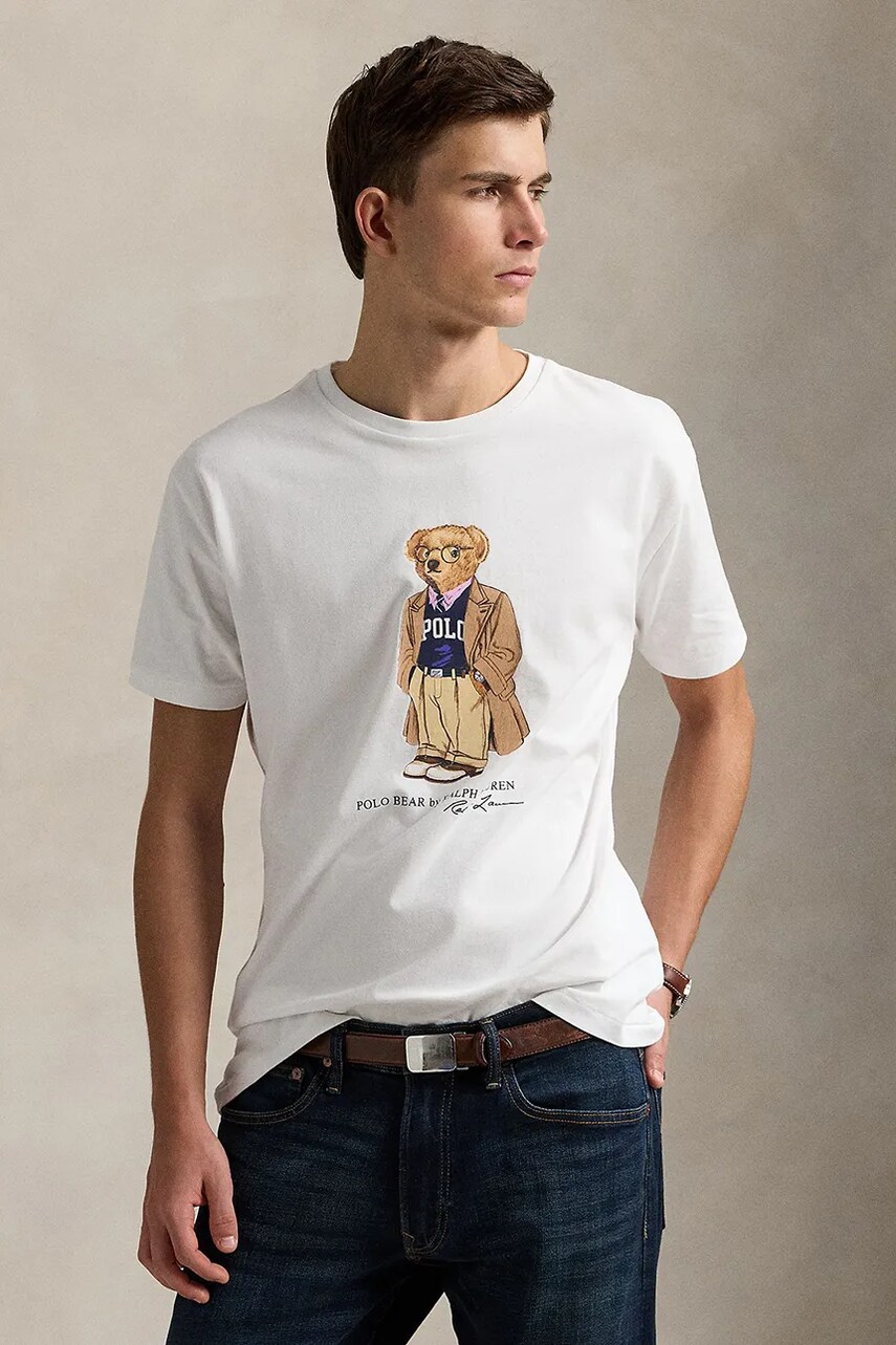 Levně Bavlněné tričko Polo Ralph Lauren Sscncmslm1 Short Sleeve pánské, bílá barva, s potiskem, 710974584