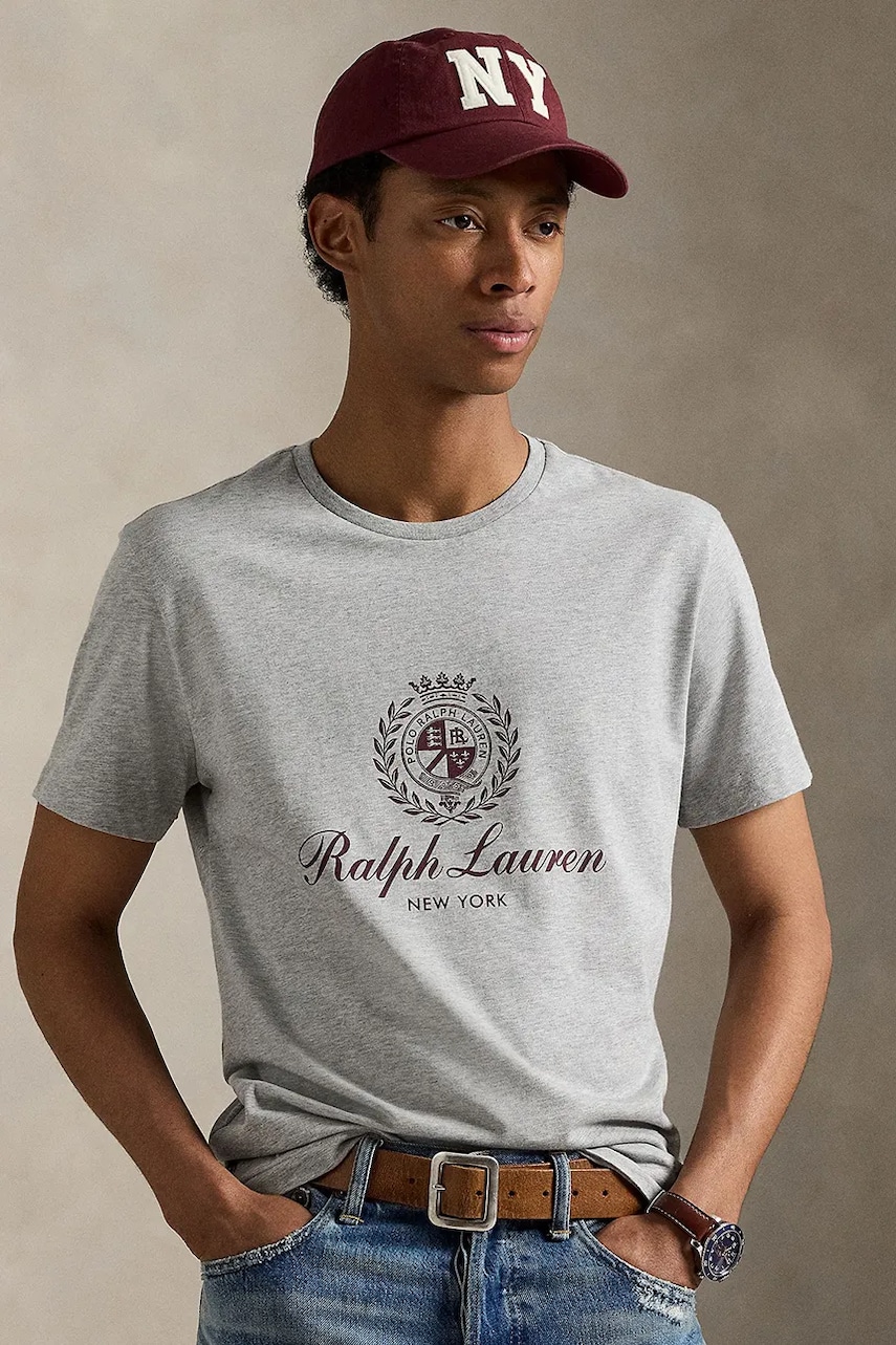 Levně Bavlněné tričko Polo Ralph Lauren pánské, šedá barva, s potiskem, 710978032