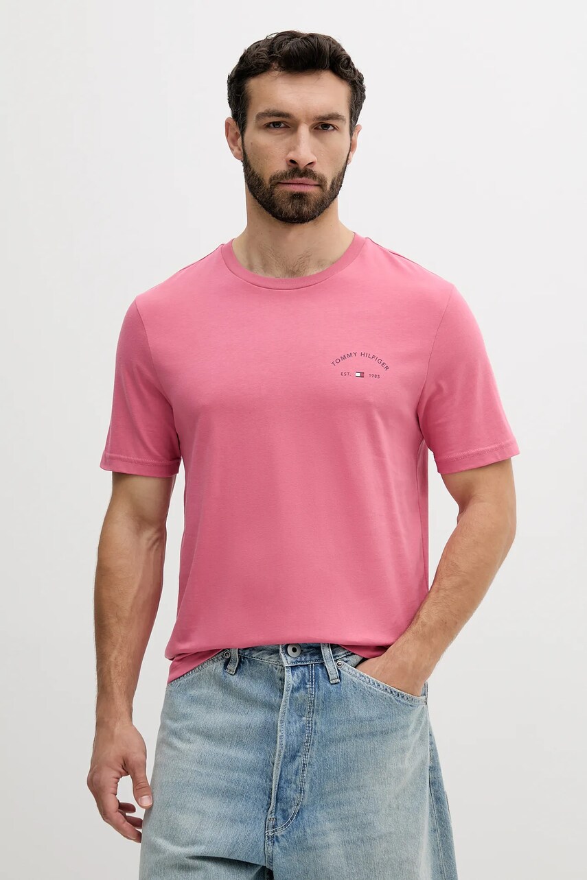 Levně Bavlněné tričko Tommy Hilfiger pánské, růžová barva, s potiskem, MW0MW39352