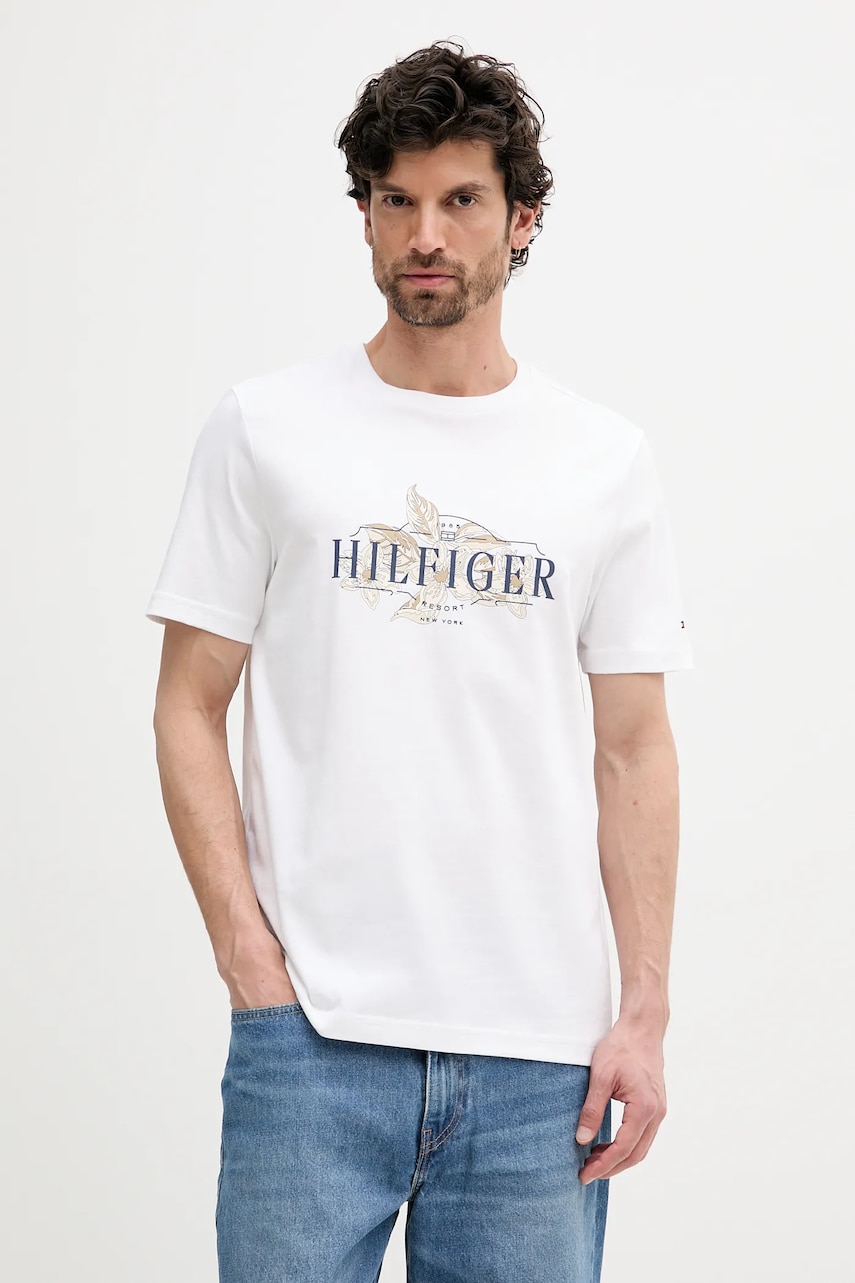 Levně Bavlněné tričko Tommy Hilfiger pánské, bílá barva, s potiskem, MW0MW39353