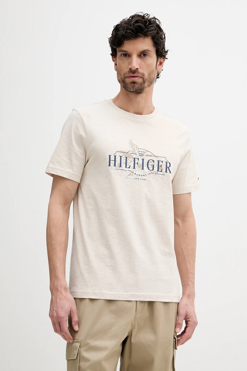 Levně Bavlněné tričko Tommy Hilfiger pánské, béžová barva, s potiskem, MW0MW39353