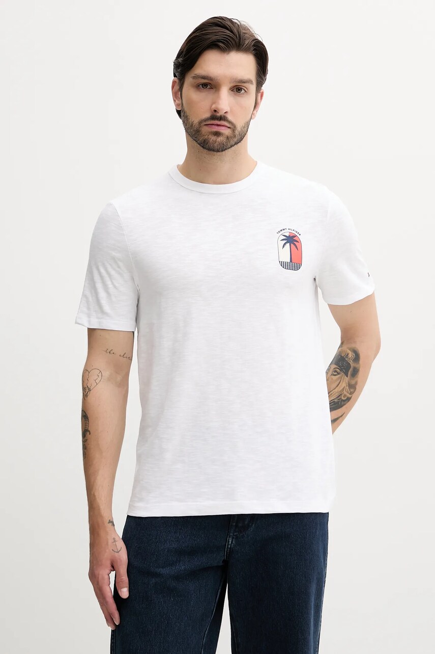 Levně Bavlněné tričko Tommy Hilfiger pánské, bílá barva, s potiskem, MW0MW39354