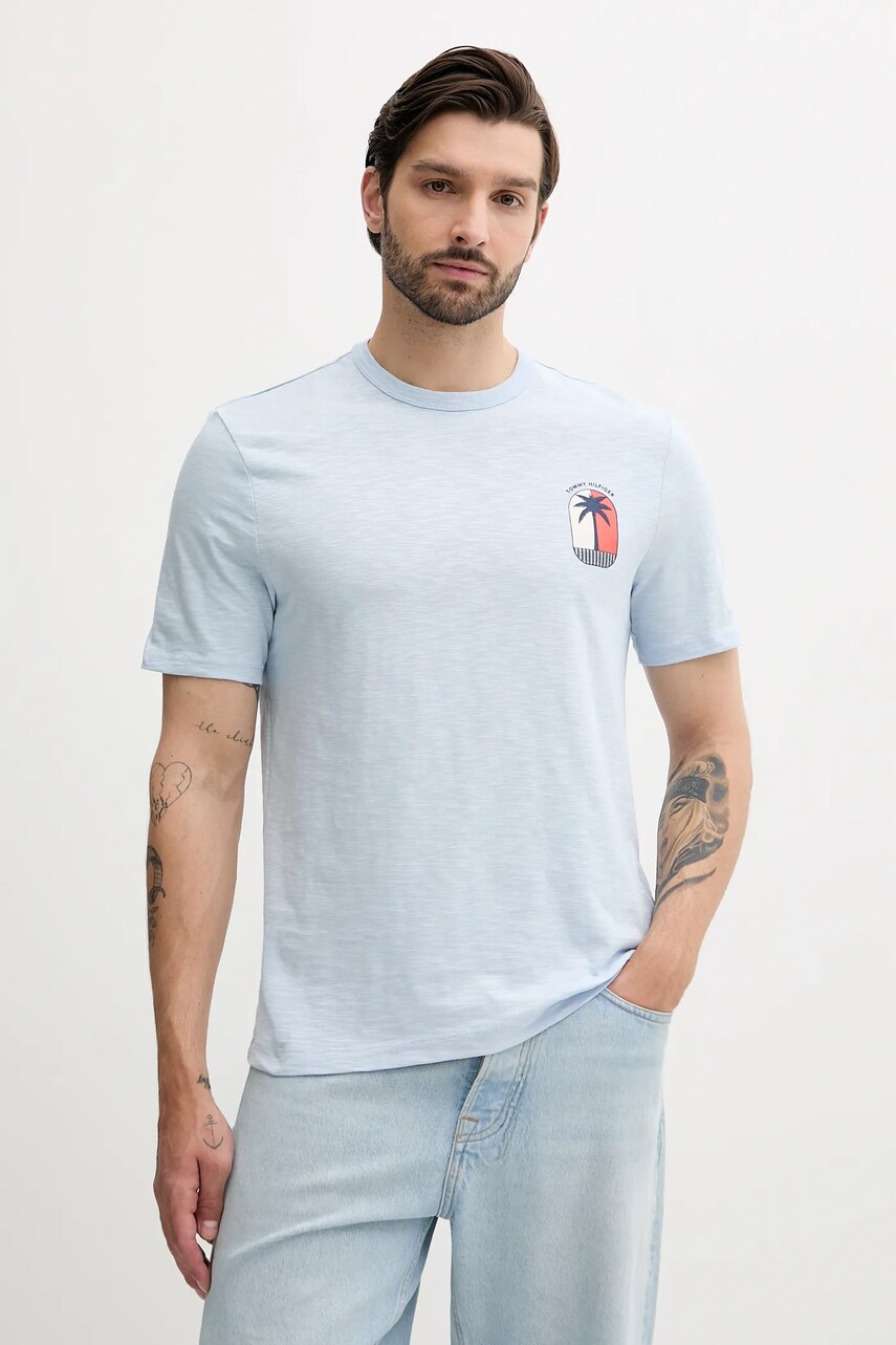 Levně Bavlněné tričko Tommy Hilfiger pánské, modrá barva, s potiskem, MW0MW39354