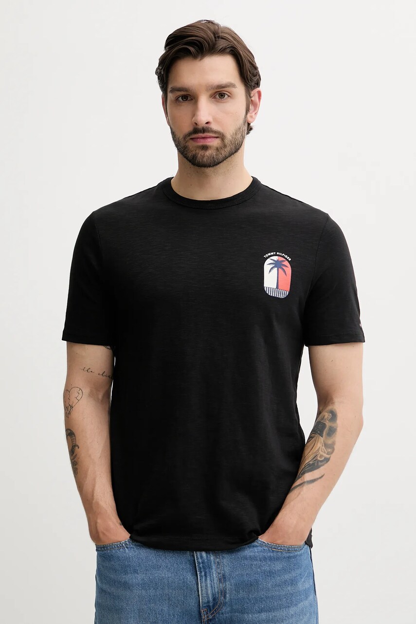 Levně Bavlněné tričko Tommy Hilfiger pánské, černá barva, s potiskem, MW0MW39354