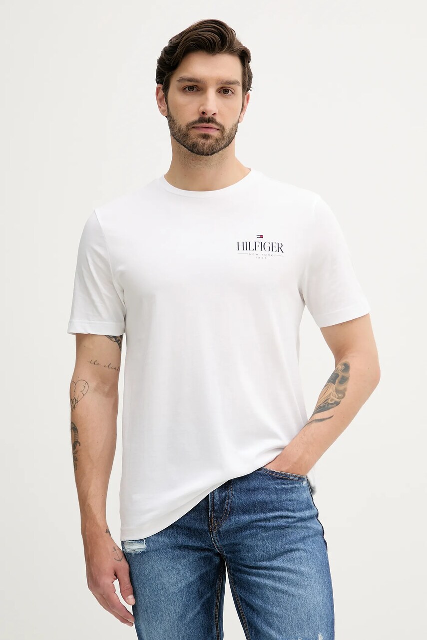 Levně Bavlněné tričko Tommy Hilfiger pánské, bílá barva, s potiskem, MW0MW39355