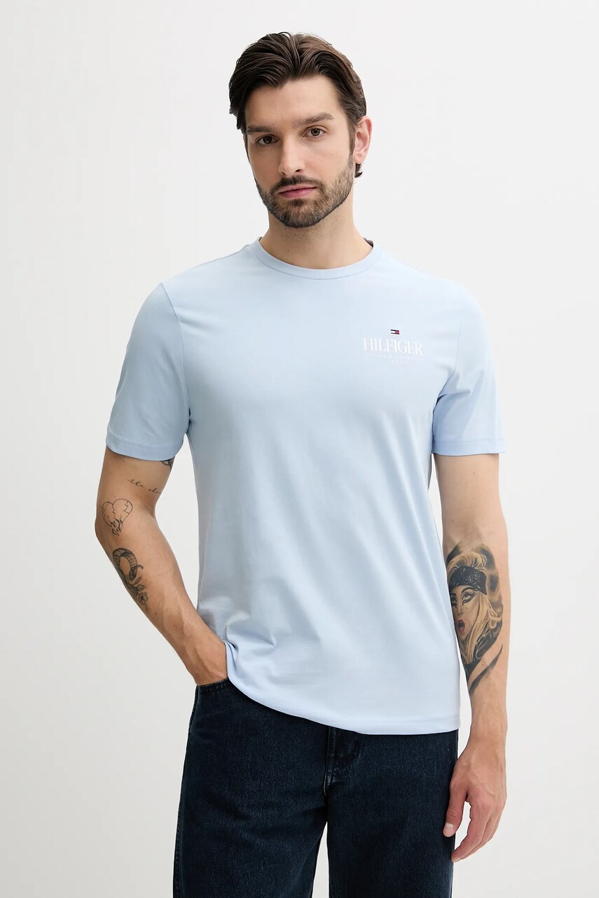 Levně Bavlněné tričko Tommy Hilfiger pánské, modrá barva, s potiskem, MW0MW39355