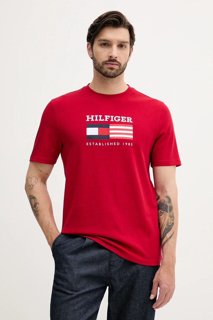 Levně Bavlněné tričko Tommy Hilfiger pánské, červená barva, s potiskem, MW0MW39843