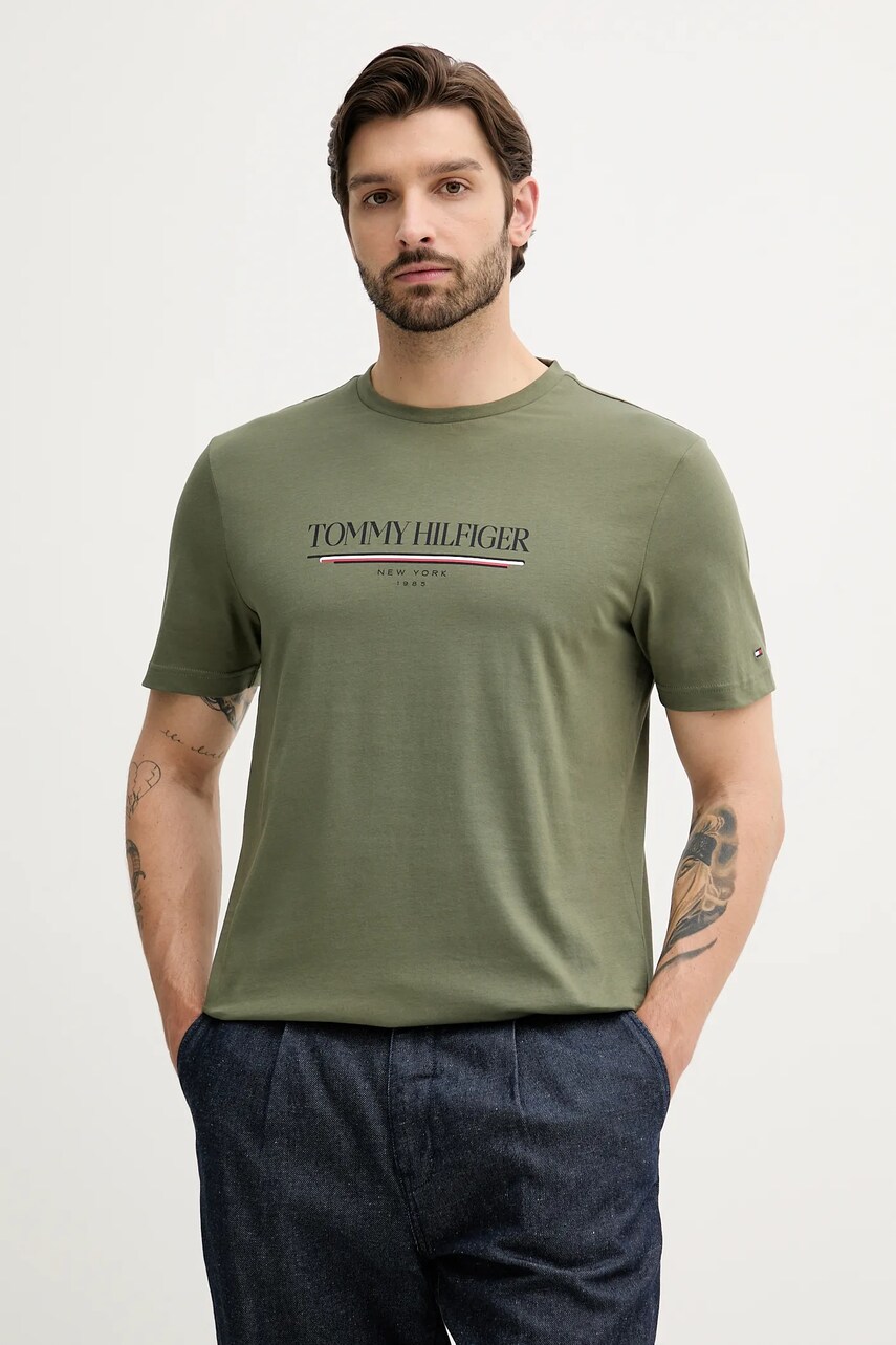 Levně Bavlněné tričko Tommy Hilfiger pánské, zelená barva, s potiskem, MW0MW40324