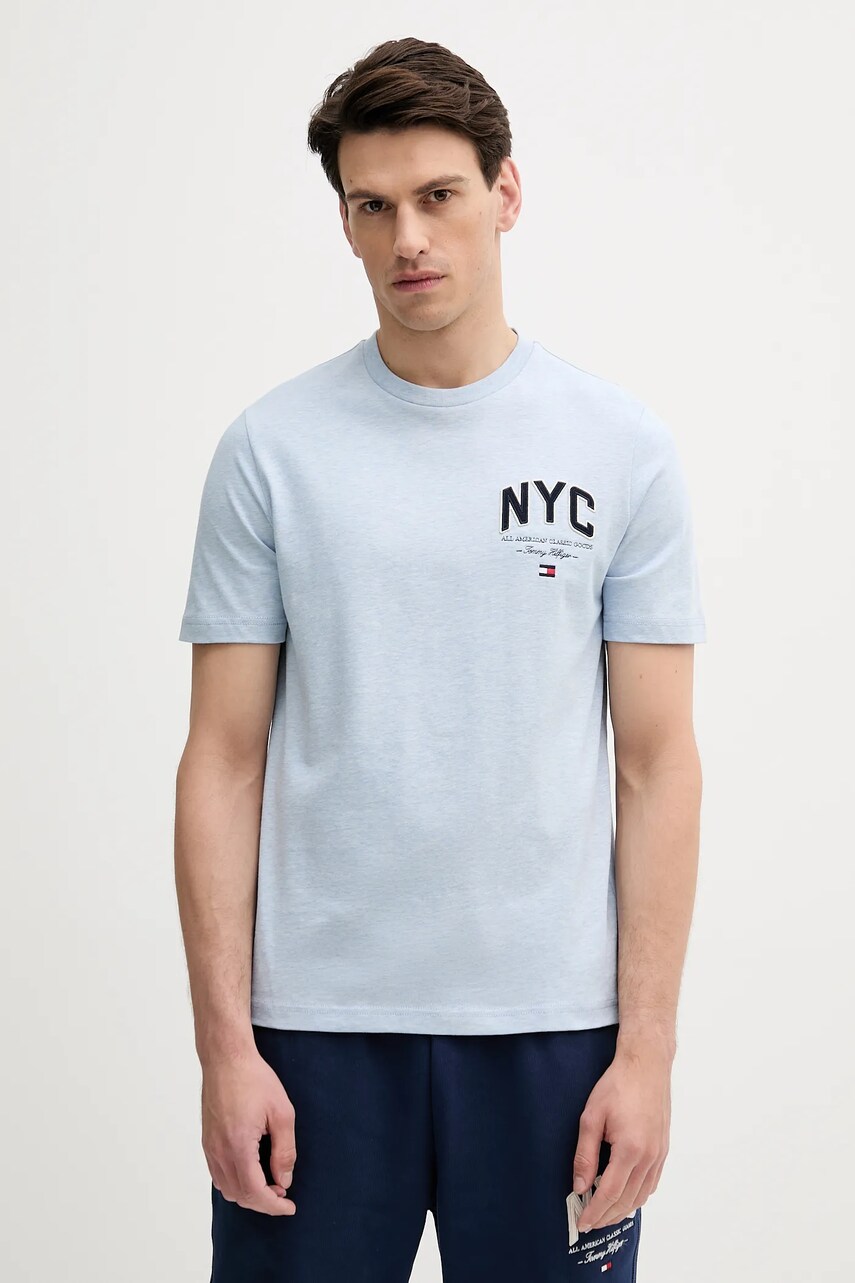 Levně Bavlněné tričko Tommy Hilfiger pánské, modrá barva, s aplikací, MW0MW40427