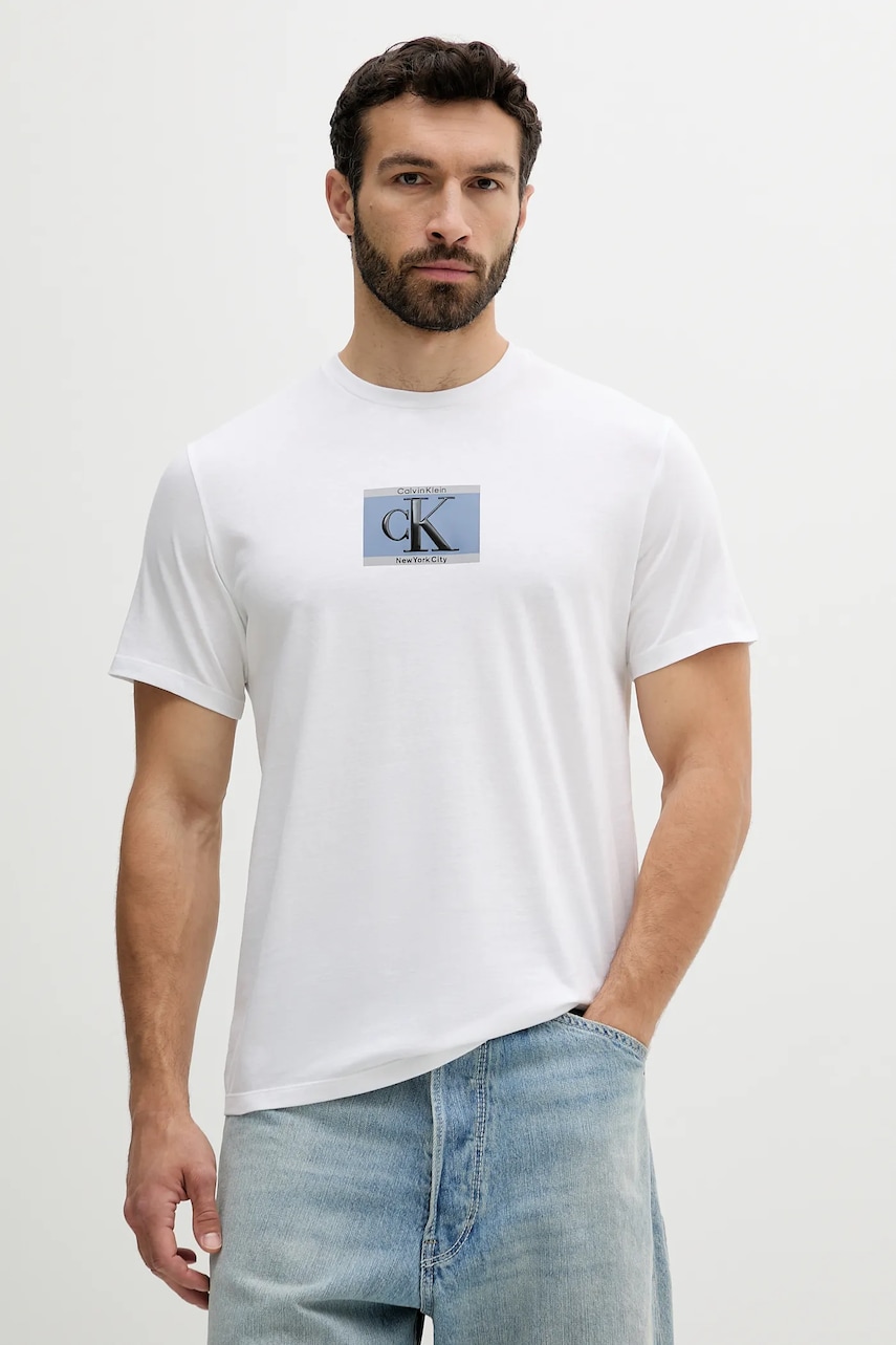 Levně Bavlněné tričko Calvin Klein pánské, bílá barva, s potiskem, LV04RC854G