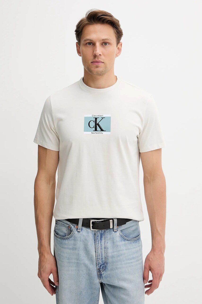 Levně Bavlněné tričko Calvin Klein pánské, béžová barva, s potiskem, LV04RC854G