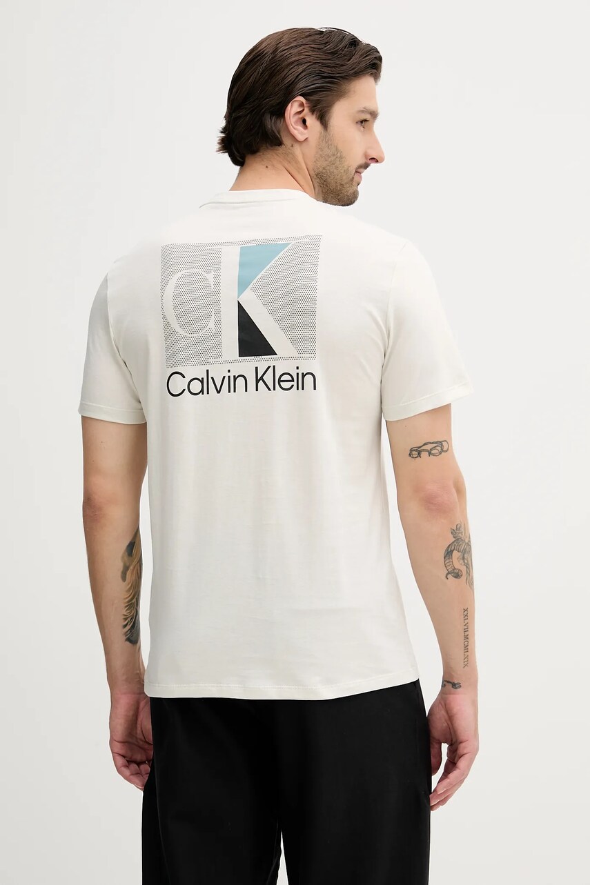 Levně Bavlněné tričko Calvin Klein pánské, béžová barva, s potiskem, LV04RC853G