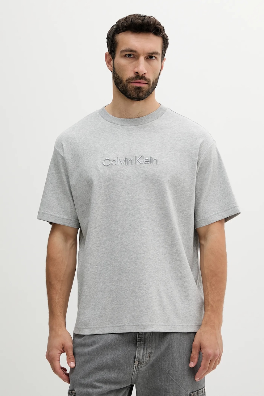 Levně Bavlněné tričko Calvin Klein pánské, šedá barva, s aplikací, LV04LC206G