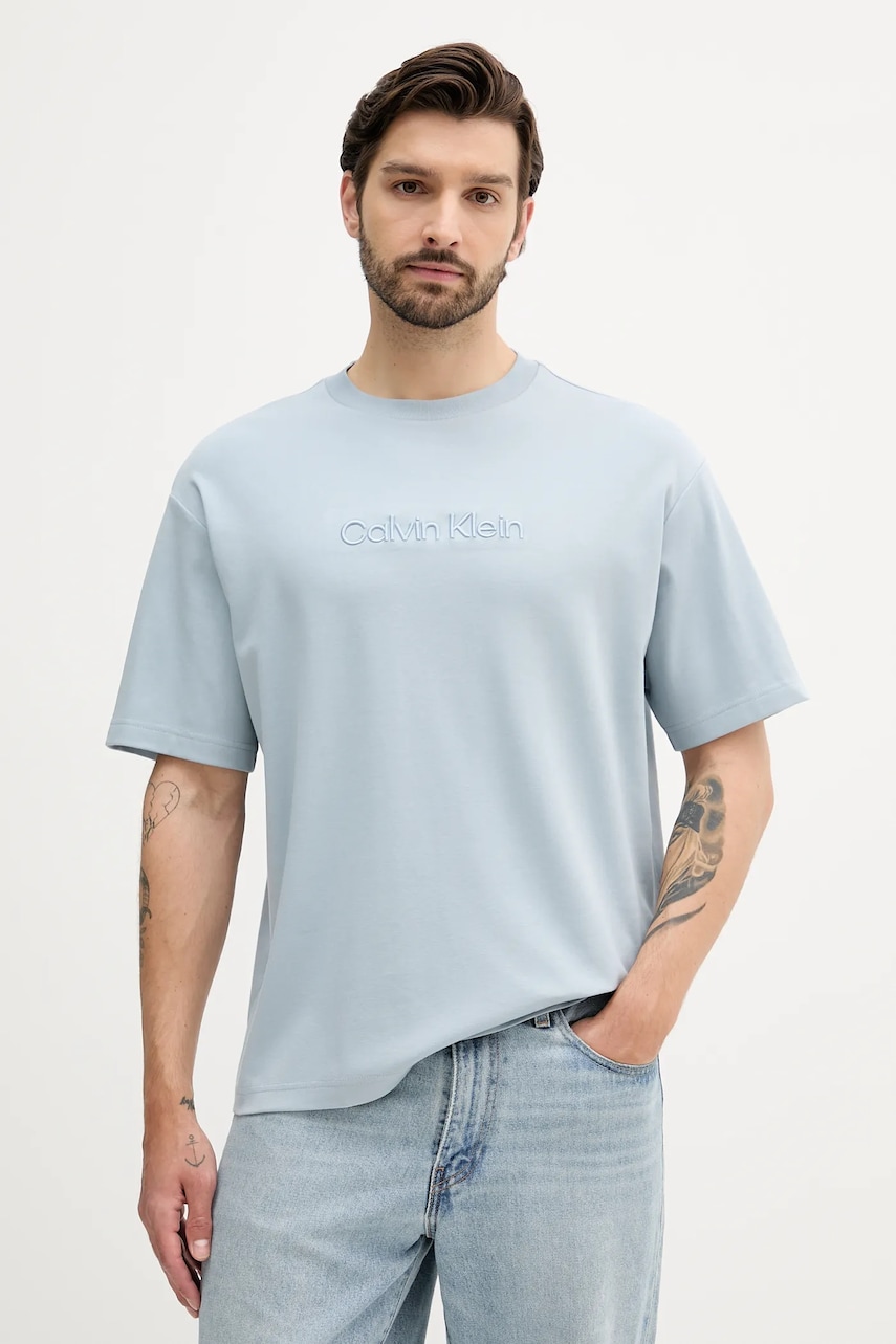 Levně Bavlněné tričko Calvin Klein pánské, modrá barva, s aplikací, LV04LC206G