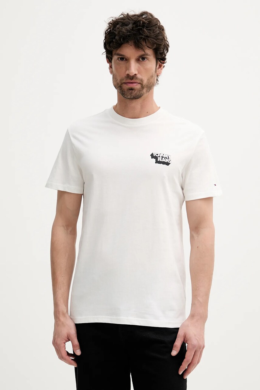 Tommy Jeans tricou din bumbac culoarea alb, cu imprimeu, DM0DM21539