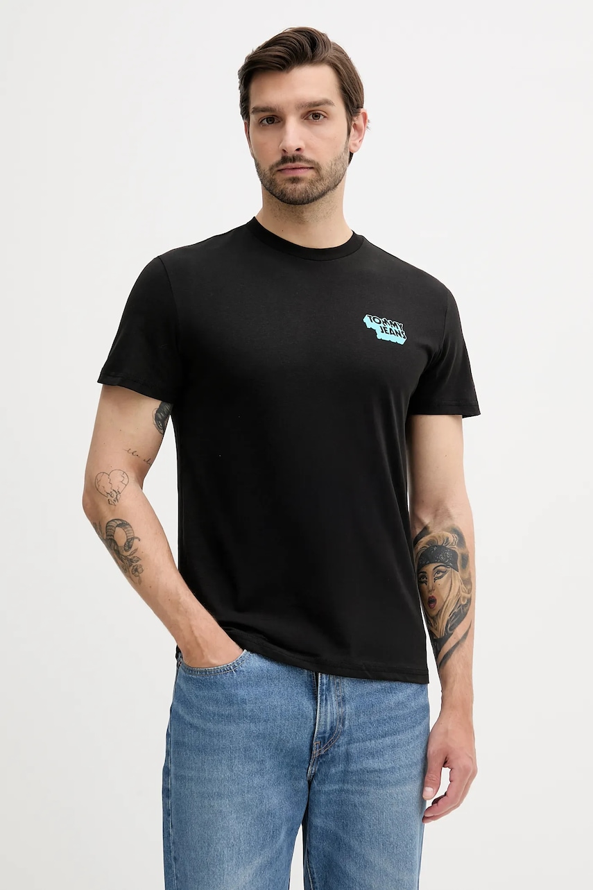 Tommy Jeans tricou din bumbac culoarea negru, cu imprimeu, DM0DM21539