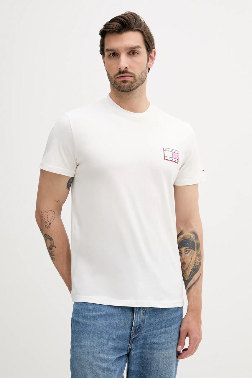 Tommy Jeans tricou din bumbac culoarea alb, cu imprimeu, DM0DM21577