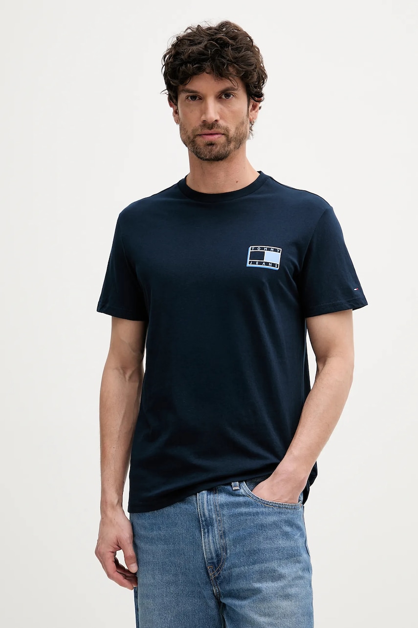 Tommy Jeans tricou din bumbac culoarea bleumarin, cu imprimeu, DM0DM21577