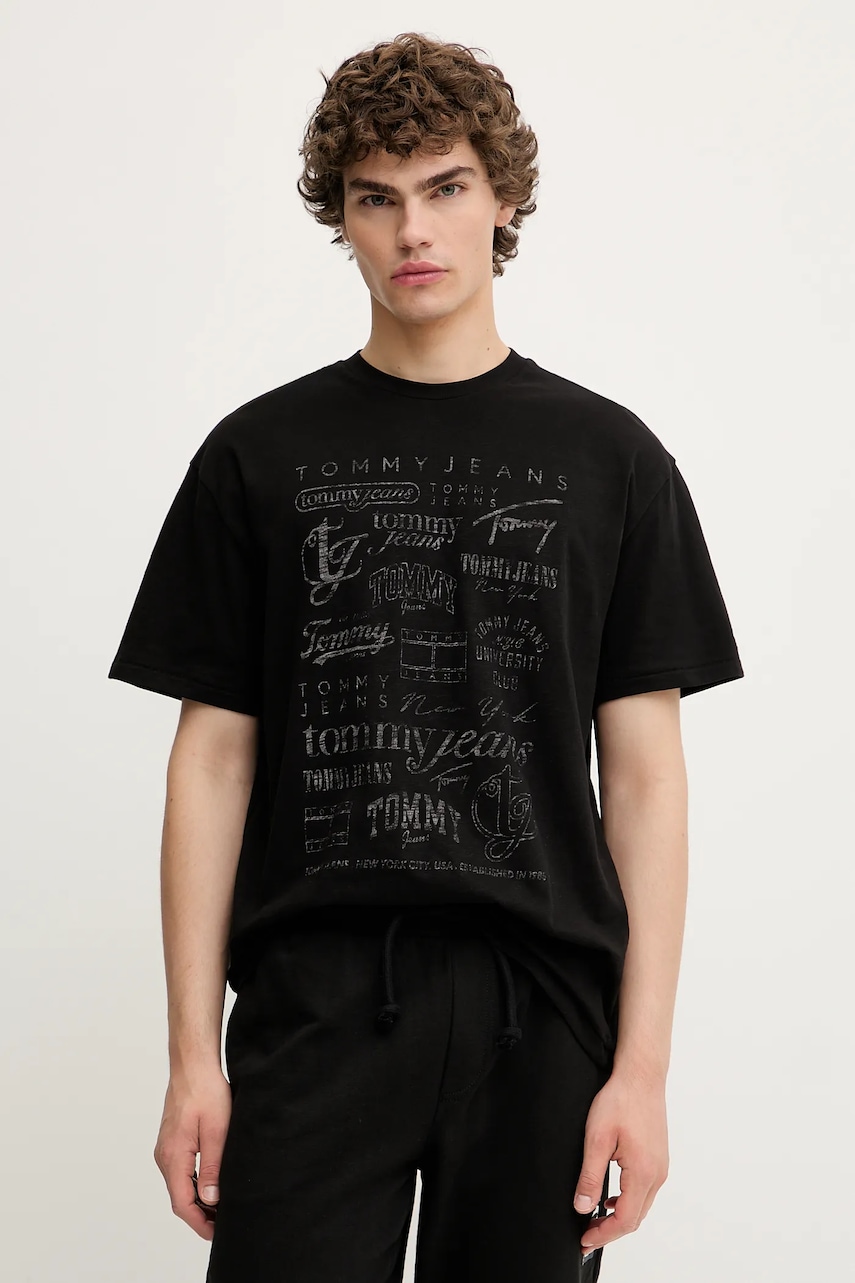 Tommy Jeans tricou din bumbac culoarea negru, cu imprimeu, DM0DM21584