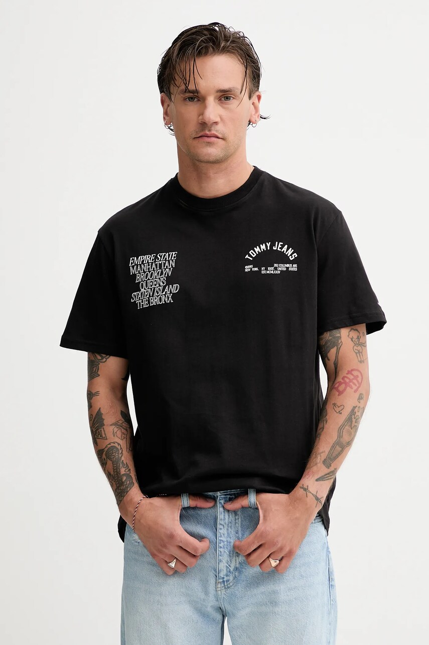 Tommy Jeans tricou din bumbac culoarea negru, cu imprimeu, DM0DM21592