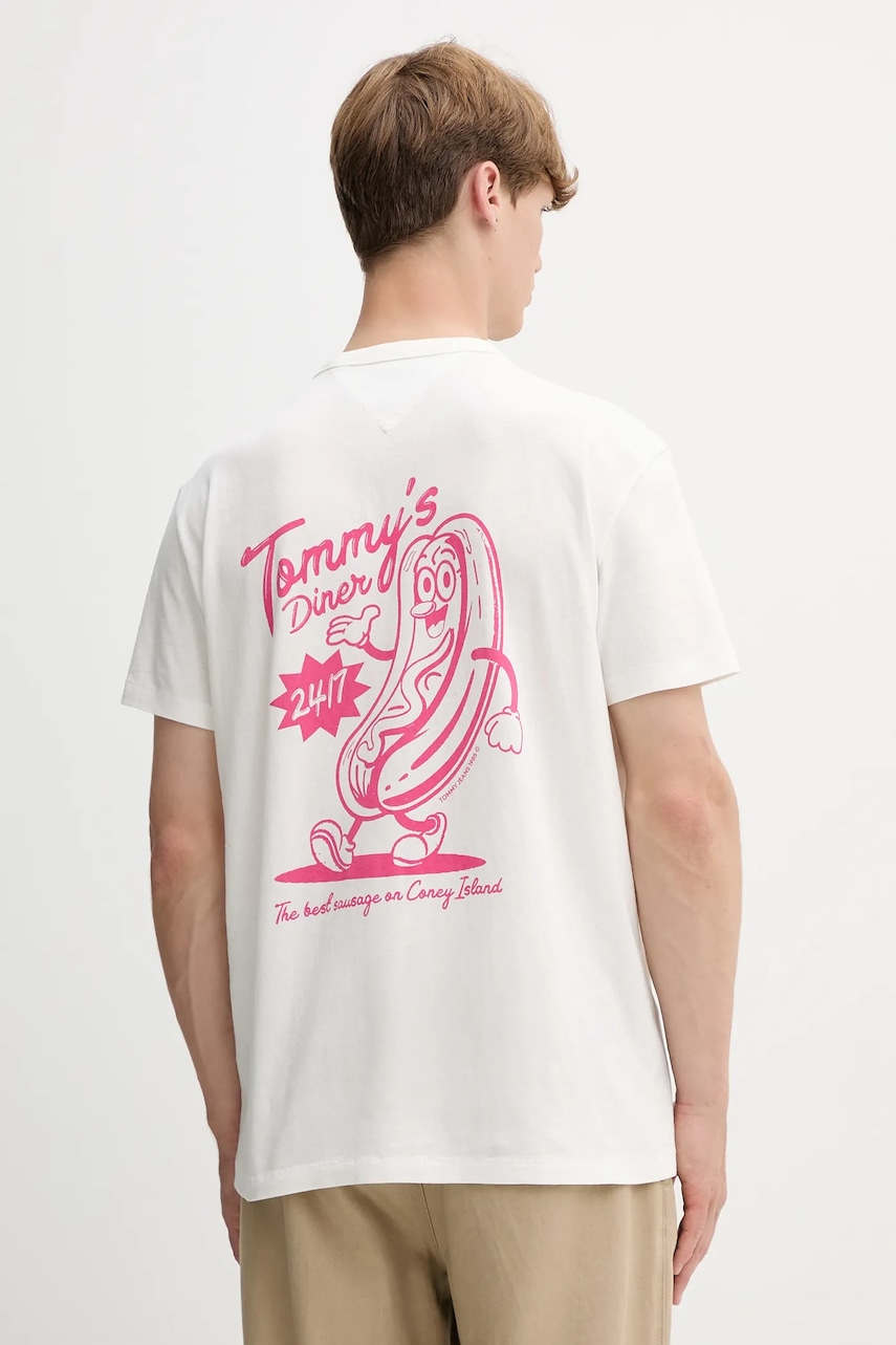 Tommy Jeans tricou din bumbac culoarea bej, cu imprimeu, DM0DM21829